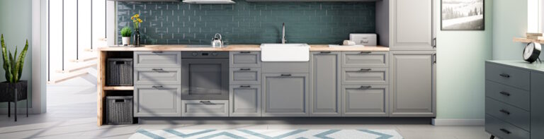 modern kitchen with gray kitchen cabinets